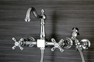Heritage Wall Mount Bridge Kitchen Faucet, Brass Sprayer, Polished Chrome