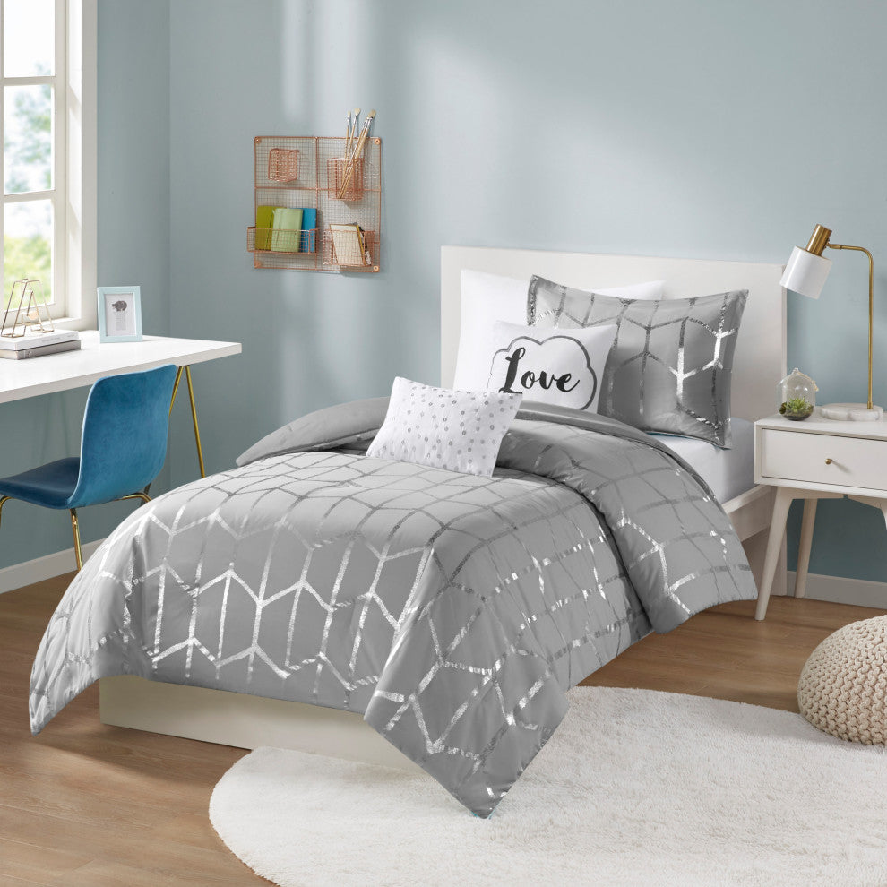 Intelligent Design Raina Metallic Printed Comforter Set, Grey/Silver