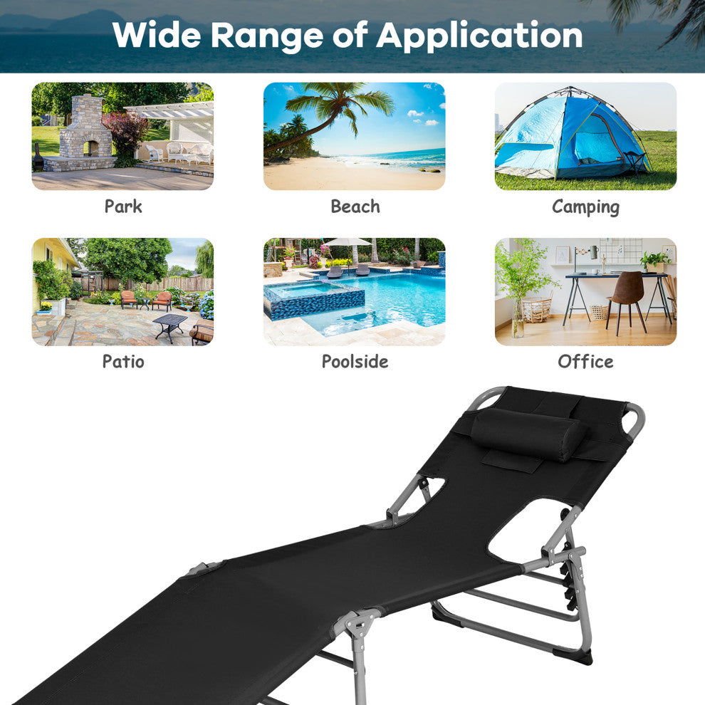 Goplus Outdoor Beach Lounge Chair Folding Chaise Lounge with Pillow Black