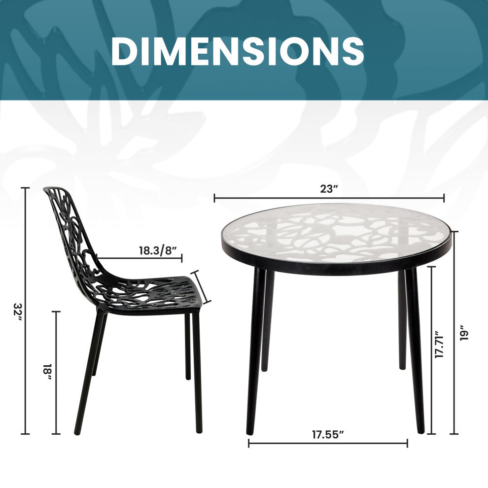 LeisureMod Devon Outdoor Dining Set with Glass Table and 2 Chairs, Black