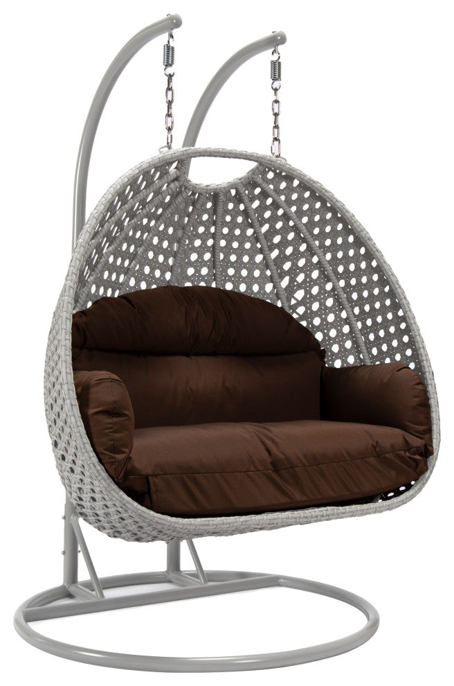 LeisureMod Mendoza Light Gray Wicker Hanging Double Egg Swing Chair, Brown