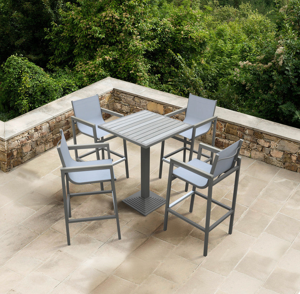 Marina Outdoor Patio Set Gray Finish and Gray Wood Top, Table With 4 Barstools