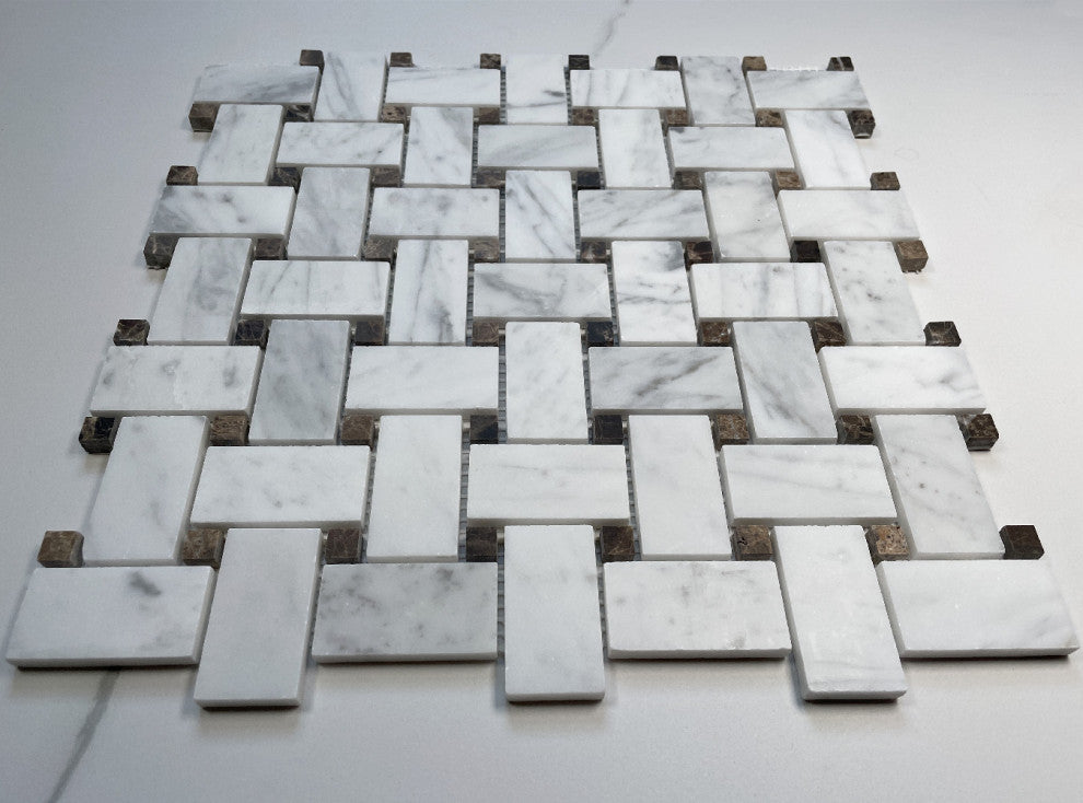 Carrara Venato Marble 1x2 Basketweave Mosaic Tile Brown Dots Honed, 1 sheet