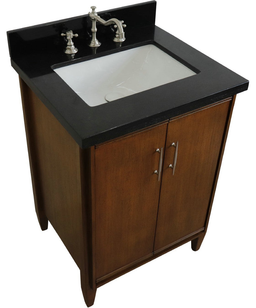 25" Single Sink Vanity, Walnut Finish With Black Galaxy Granite