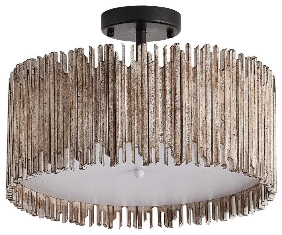 Farmhouse Wooden Cage Semi-Flush Mount Lighting With 3-Light
