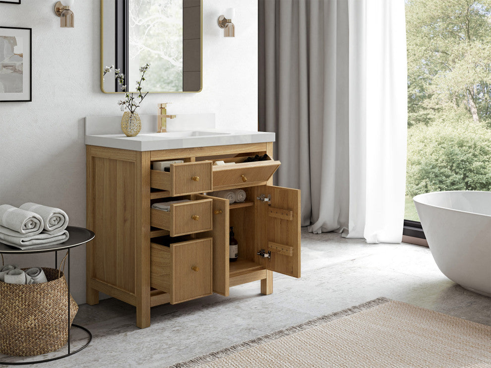 Sonoma 36 Center Sink Bath Vanity in Light Natural Teak with 2" Carrara Quartz