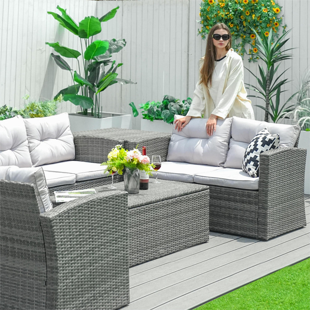 Patio 6-Piece Wicker Sofa Conversation Set With Cushions, Gray