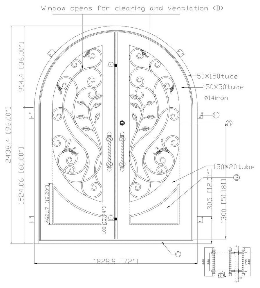 Round Top Gold Leaf Dual Door With Frame and Threshold 72"x96", Matte Black