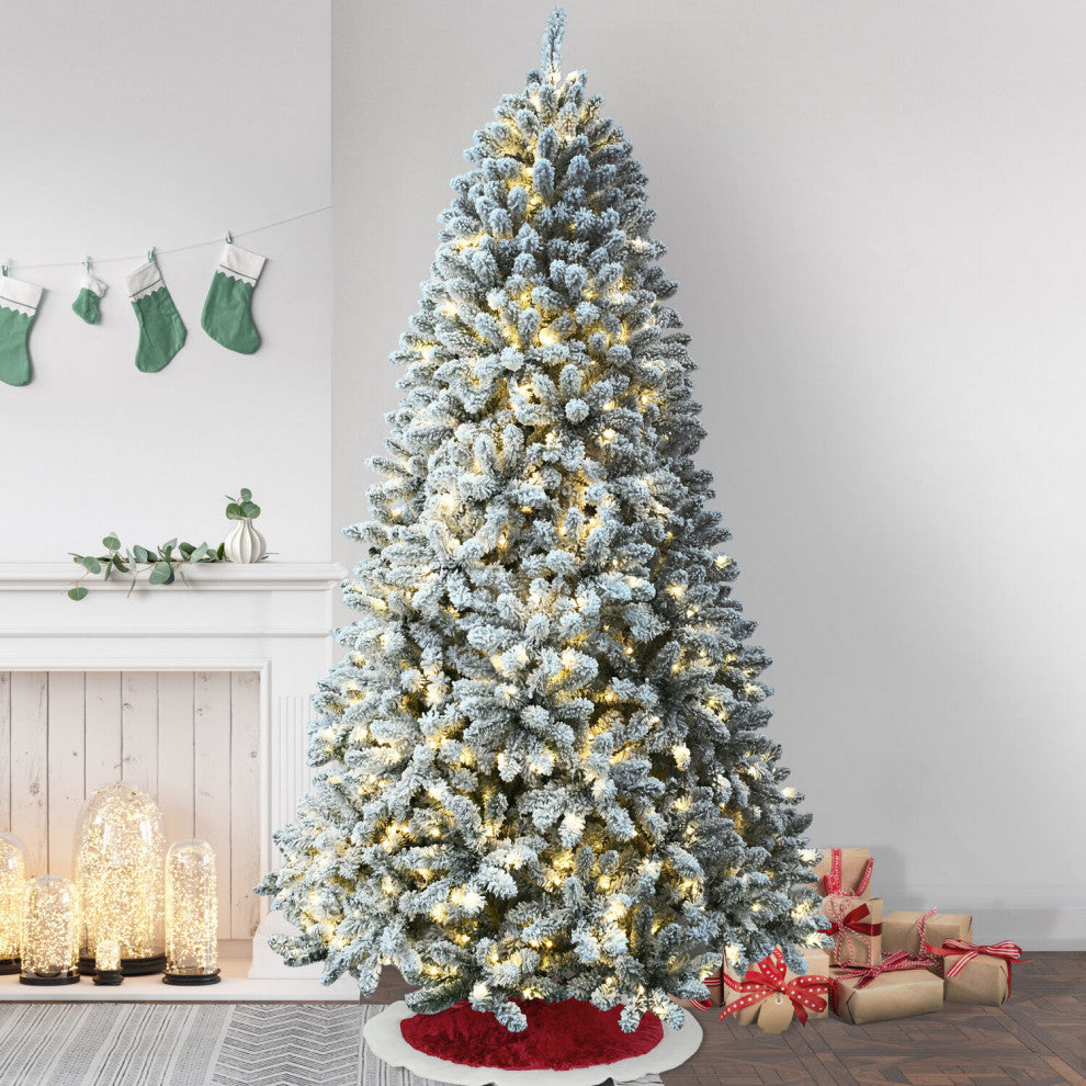 9-Ft. Flocked Winter Snow Pine Christmas Tree, Warm White LED Lighting