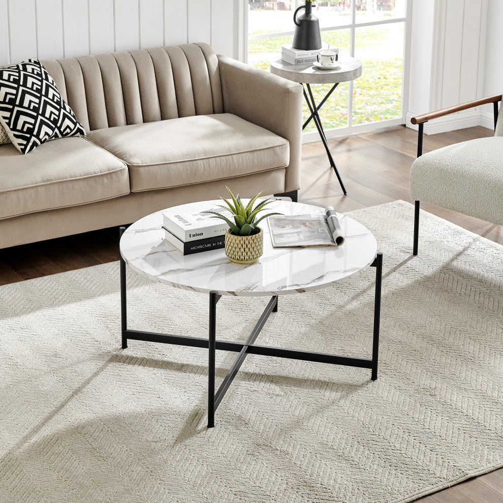 Round Contemporary Marble Finish Veneer Top Black Coffee Table, White/Black