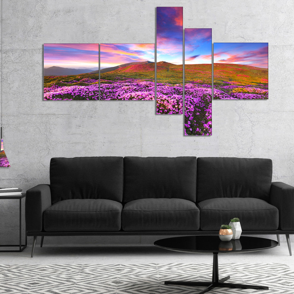 Magic Pink Rhododendron Flowers, Landscape Canvas Print, 60"x32", 5 panels