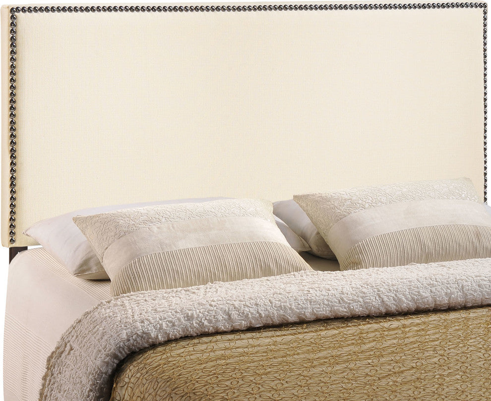 Modern Contemporary King Size Nailhead Upholstered Headboard, Ivory Fabric