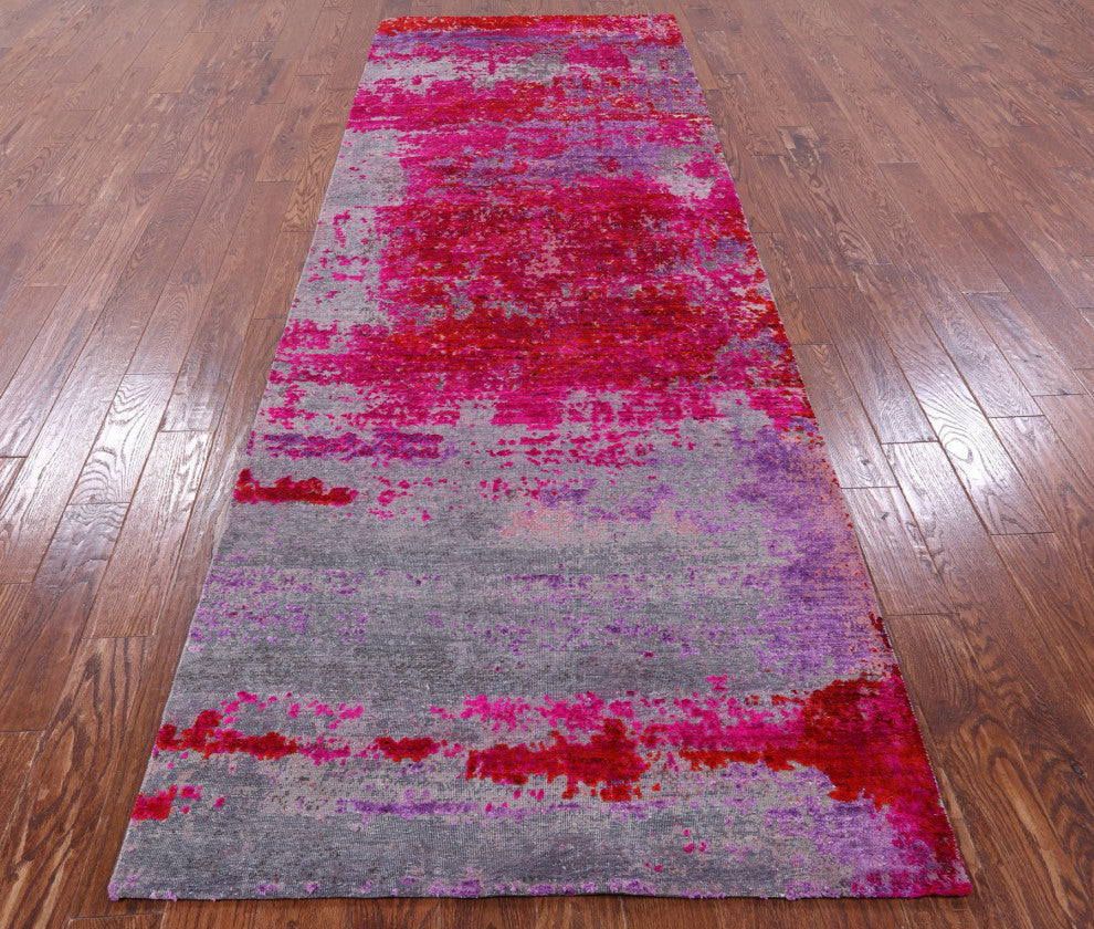 3' 11" X 11' 10" Abstract Handmade Wool and Silk Runner Rug Q9076