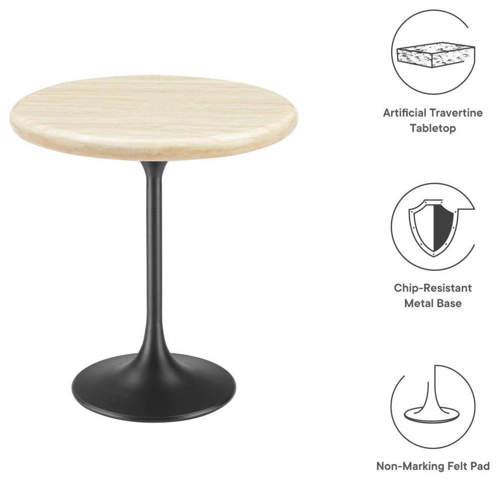 Lippa 20" Round Artificial Travertine Side Table, Black Travertine
