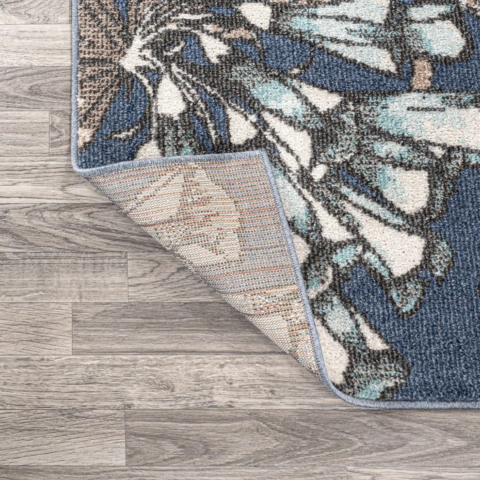 Giglio Modern Botanical Flower Area Rug, Blue/Orange/Cream, 3 X 5
