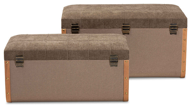 Brown Fabric Upholstered and Walnut Wood 2-Piece Storage Ottoman Trunk Set