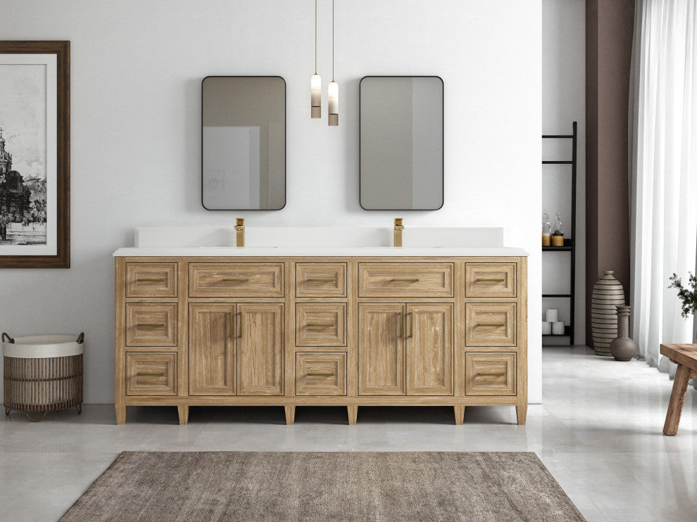 Santa Monica 84 Double Sink Bath Vanity in Whitewashed Teak 1.5" White Quartz