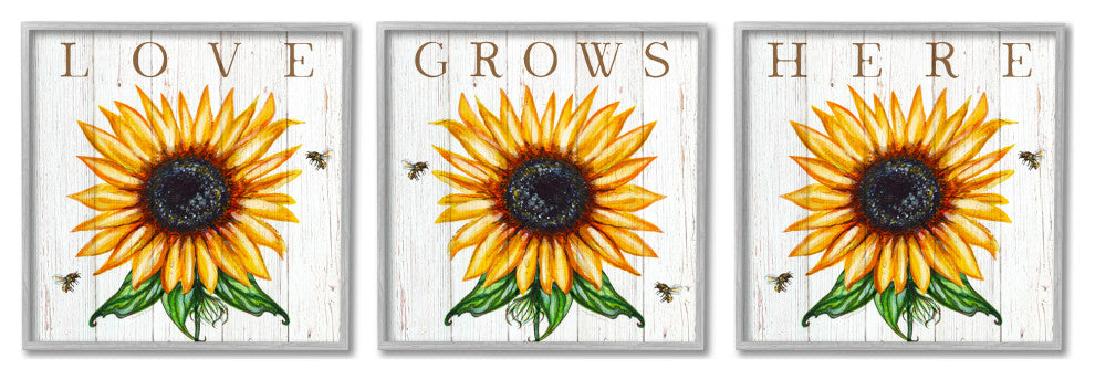 Love Grows Here Phrase Yellow Sunflowers Honey Bees,3pc, each 12 x 12