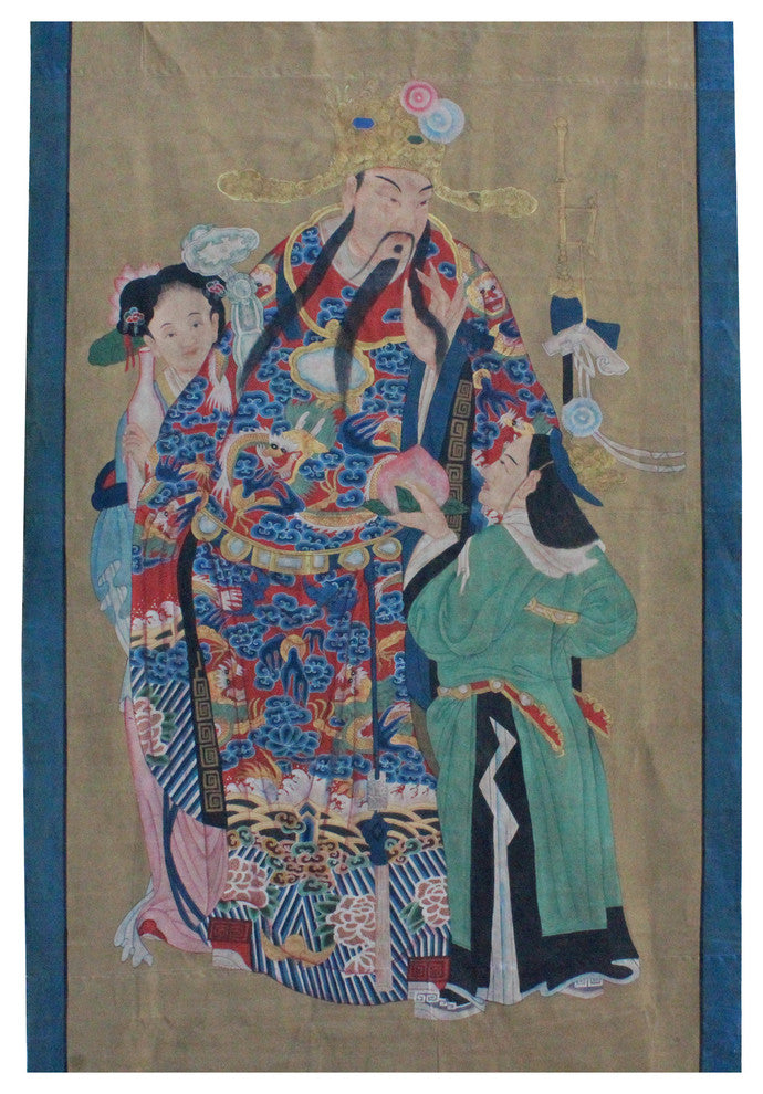 Chinese Large Vintage Canvas Color Ink God Of Fortune Painting Art cs4309