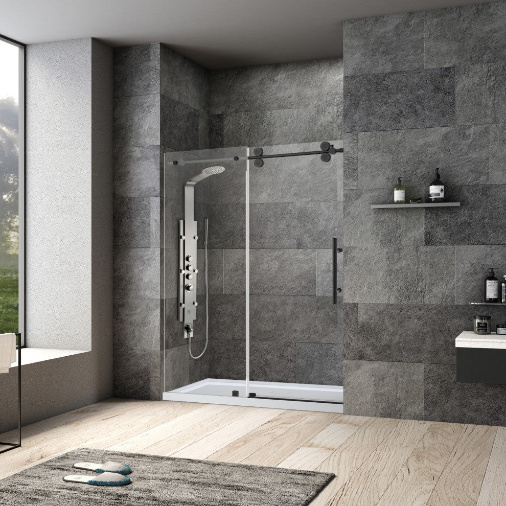Villena Single Sliding Frameless Shower Door, Matte Black, 68"