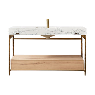 Dhaka Bath Vanity, Stone Top, No Mirror, Yellow Bronze Base, 55", Single Vanity