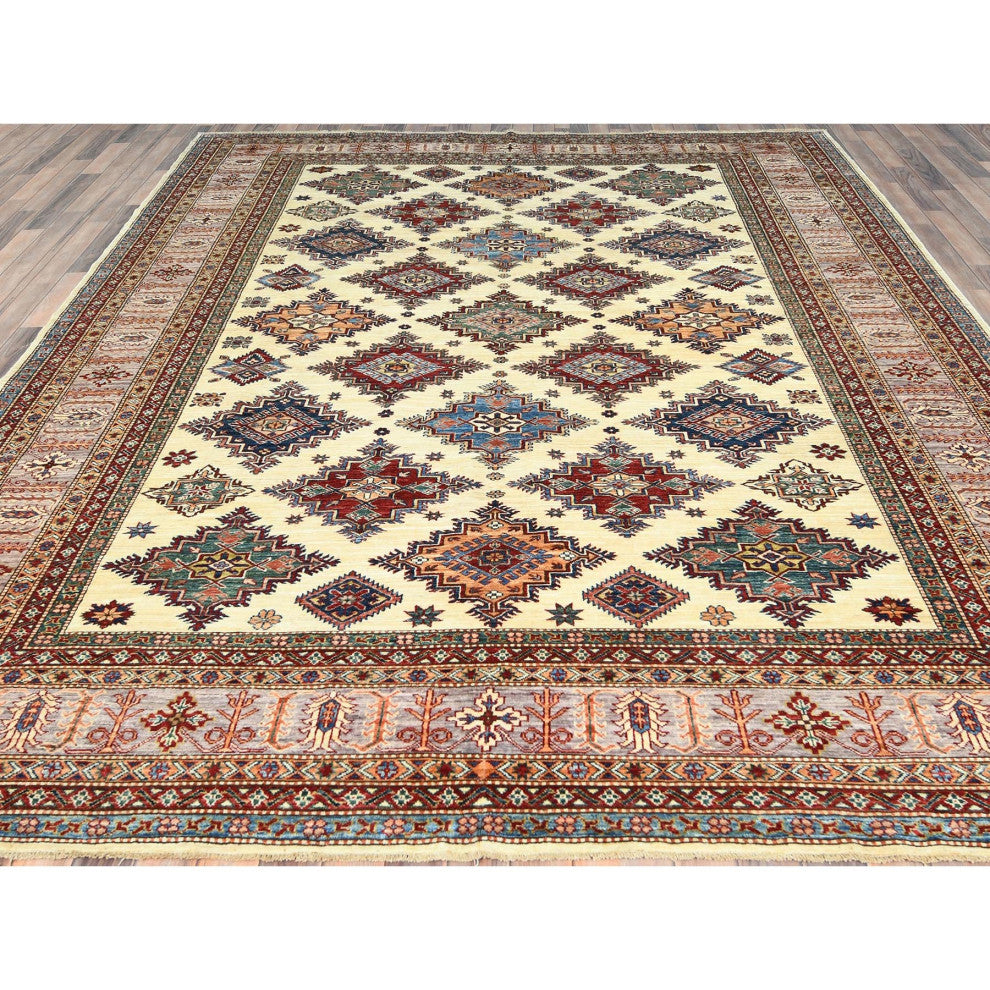Ivory, Afghan Super Kazak Natural Wool Hand Knotted Oriental Rug, 9'3"x12'0"