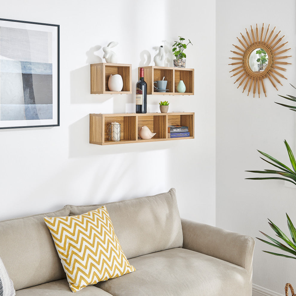 Danya B. Bauhaus Floating Geometric Cubby Wall Shelves Set of 3 Sizes, Chestnut