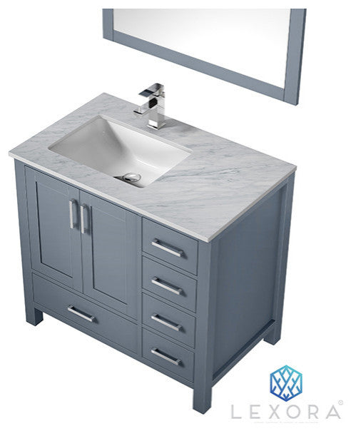 Jacques 36" Vanity, Wht Carrara Marble Top w/ 34" Mirror, Dark Grey, Left