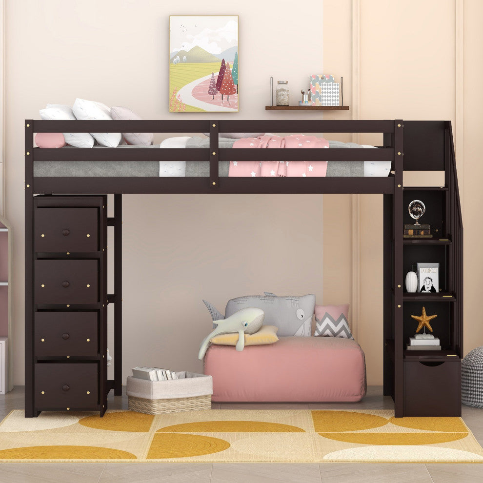 Gewnee Wood Twin Loft Bed with Storage Drawers and Stairs in Espresso