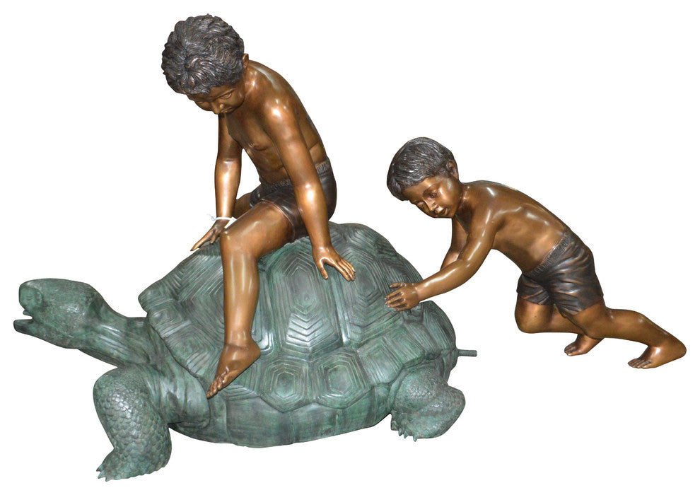 Two Kids on a Giant Turtle Bronze Fountain -  Size: 23"L x 60"W x 33"H.