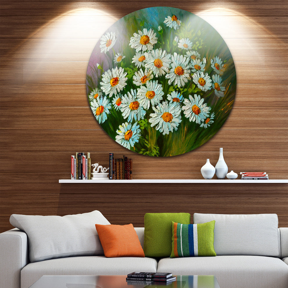 Heavily Textured Daisies Art, Floral Disc Metal Wall Art, 36"