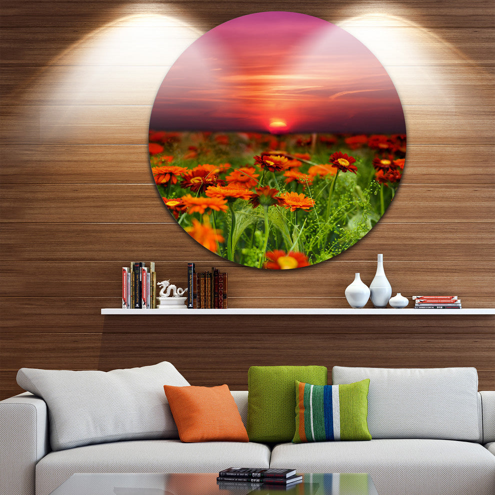 Sunset Flowers With Red Sky, Landscape Disc Metal Wall Art, 11"