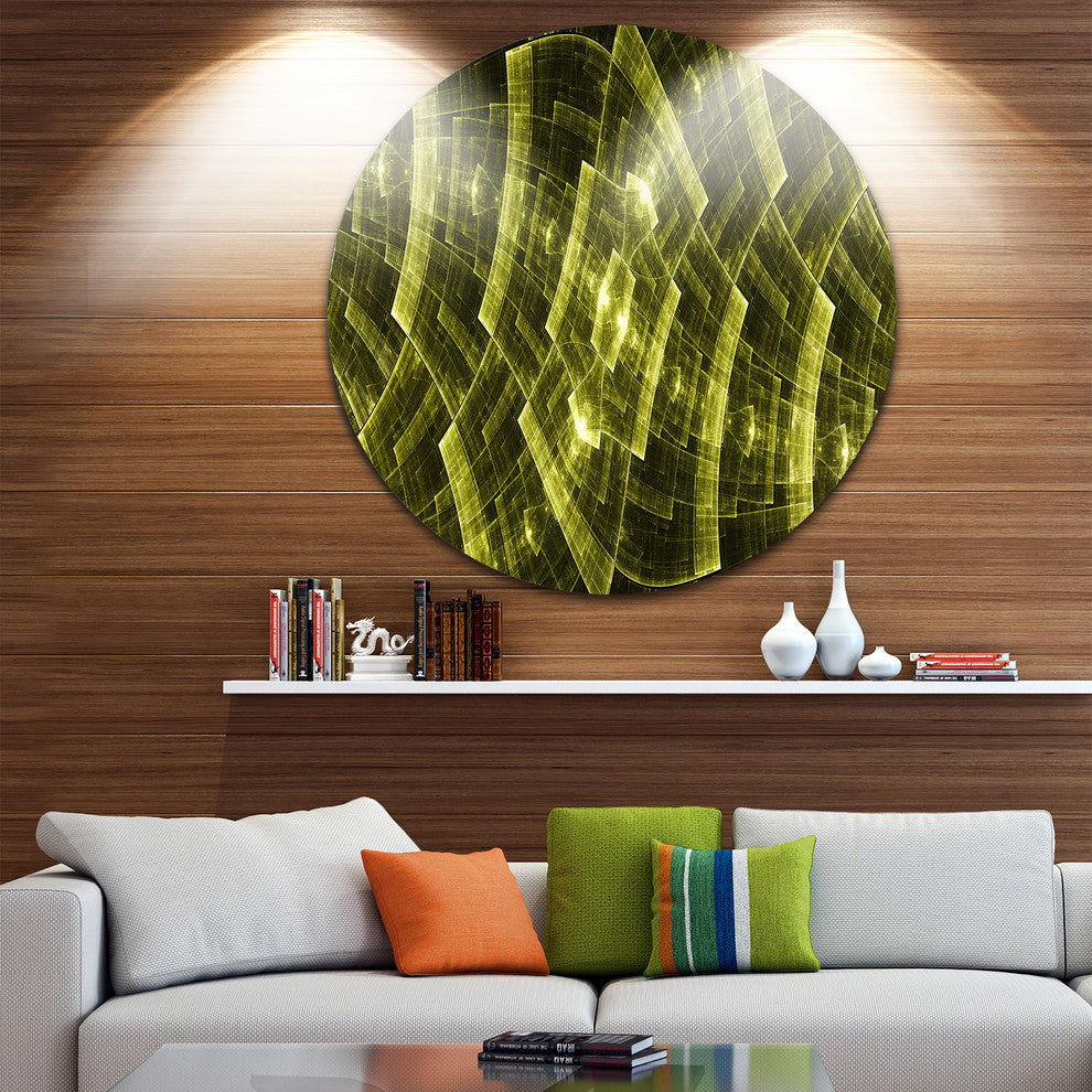 Golden Psychedelic Fractal Metal Grid Art, Round Metal Wall Art, 23"