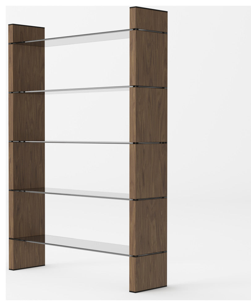 Modrest Glencoe Modern Walnut and Black Glass Bookshelf