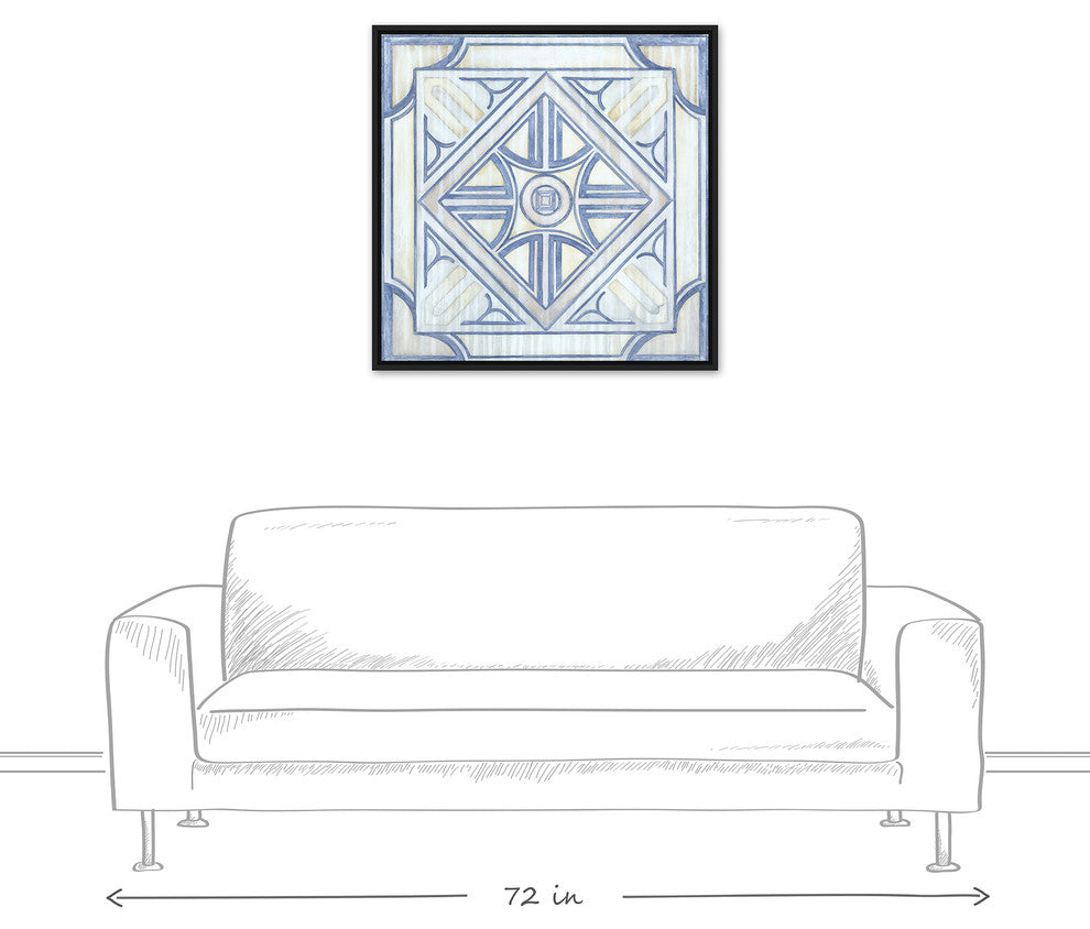 Blue and White Watercolor Tile 30x30 Black Floating Framed Canvas