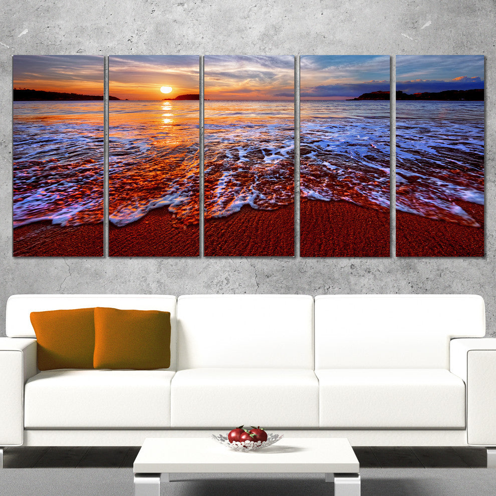 Colorful Sunset with Bright Waters, Seashore Canvas Art Print, 60"x28", 5 Panels