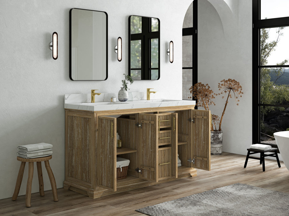 Alys Teak 60 Double Sink Bathroom Vanity Whitewashed 2" Empira Quartz