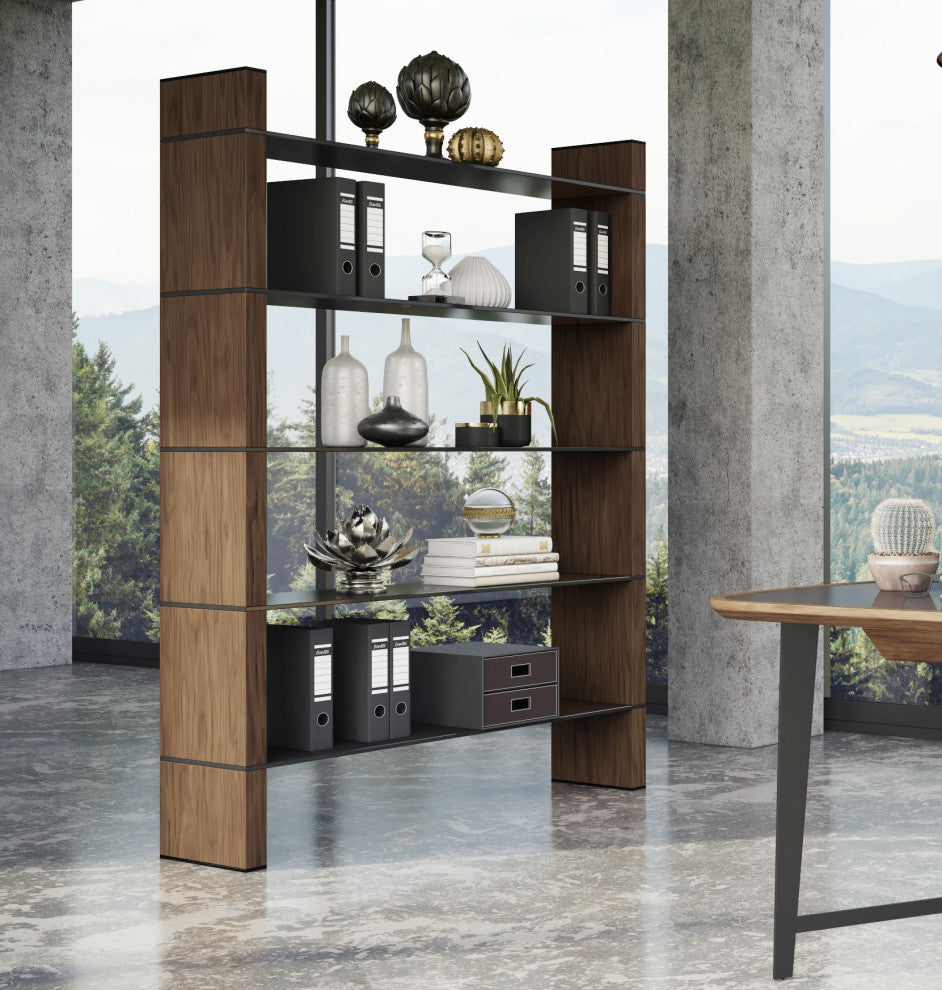 Modrest Glencoe Modern Walnut and Black Glass Bookshelf