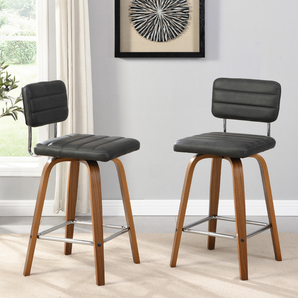 Swivel Bar Stool Leather Bar Stool, Wood Legs, Counter Height, Pu, Set of 2, Gray, 26"