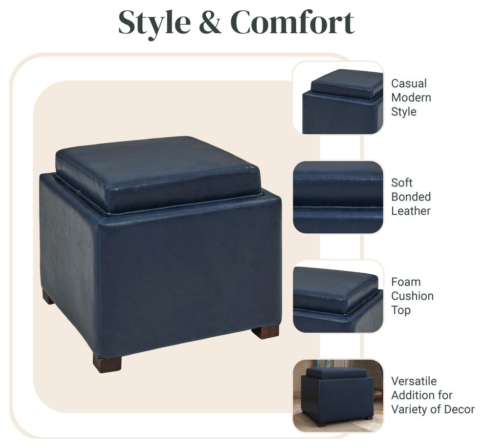 Cameron Square Storage Ottoman w/ tray, Vintage Blue, Bonded Leather