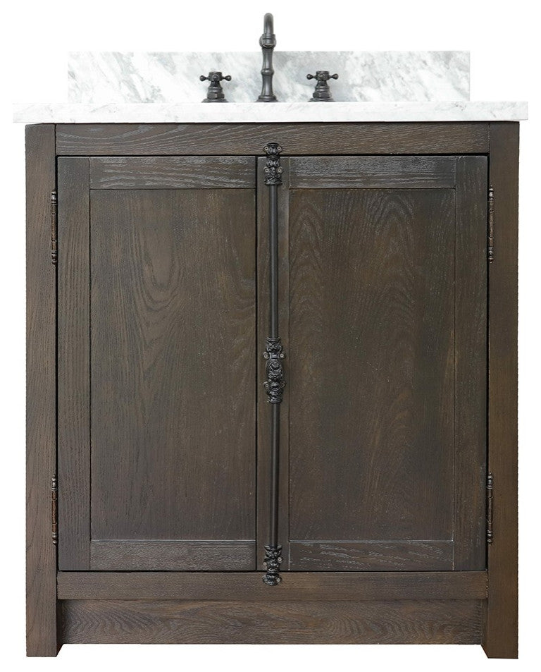 30" Single Vanity, Brown Ash, White Carrara Top, Rectangle Sink