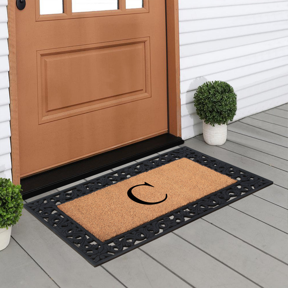 A1HC Rubber & Coir Floral Outdoor Durable Monogram Doormat 18"x30", Black, C