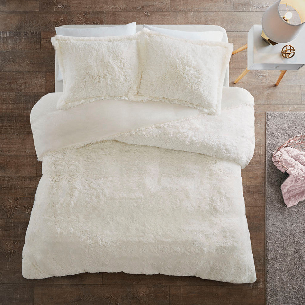 Intelligent Design Malea Shaggy Fur Duvet Cover Set, Ivory
