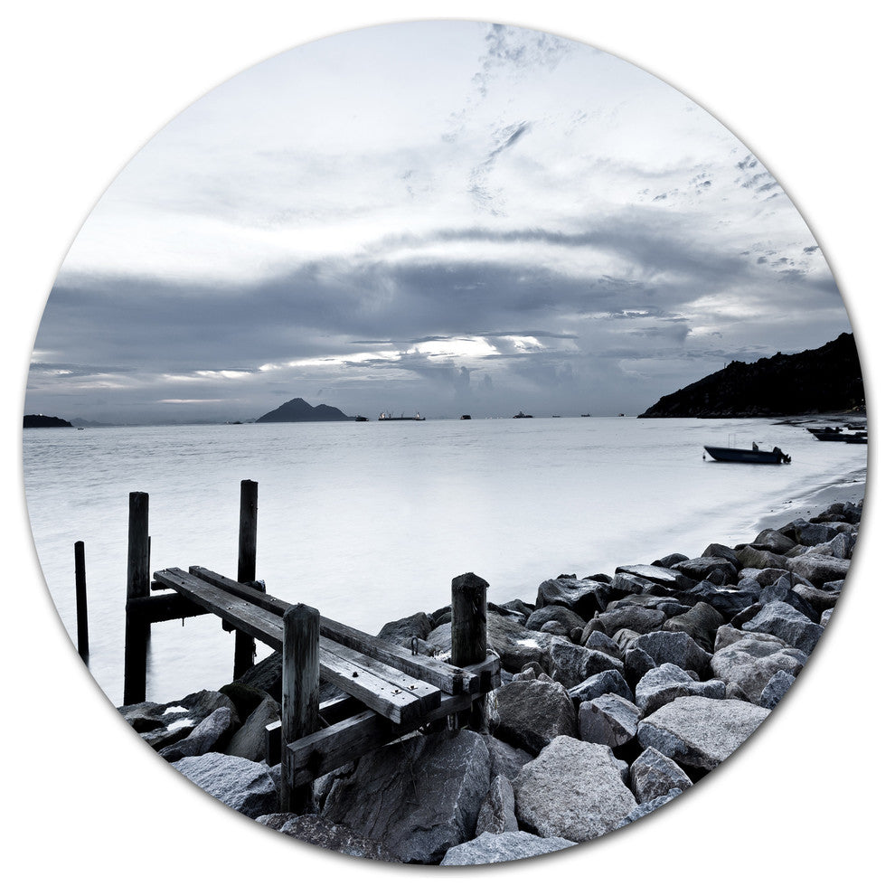 Small Sea Bridge From Rocky Beach, Landscape Disc Metal Wall Art, 23"
