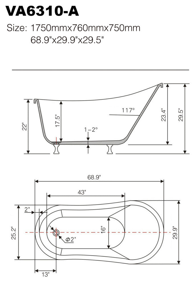 Vanity Art Freestanding Acrylic Bathtub, White, 68.9" x 29.9"