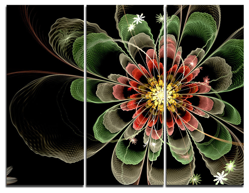 "Abstract Green Fractal Flower" Digital Wall Art, 3 Panels, 36"x28"