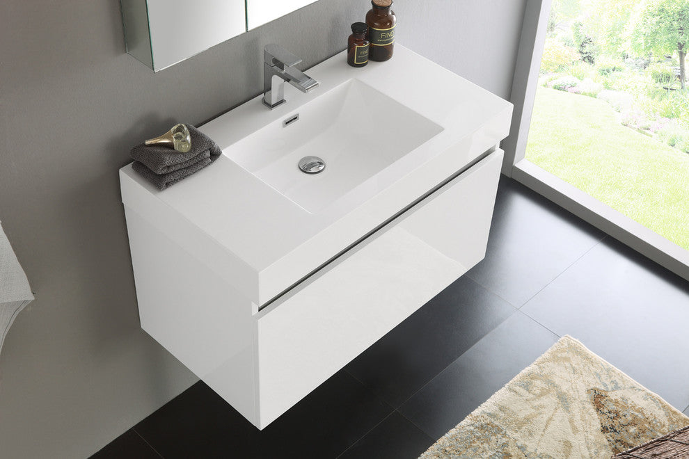 Mezzo 36" White Wall Hung Modern Bathroom Vanity, Faucet FFT9151CH