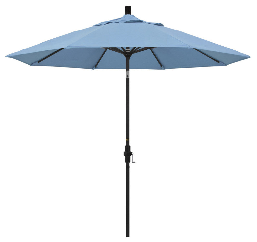 9' Stone Black Collar Tilt Crank Lift Aluminum Umbrella, Sunbrella, Air Blue