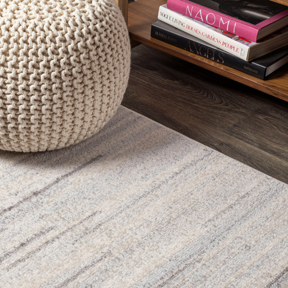 Linear Modern Half-Stripe Area Rug, Gray/Cream, 2 X 8