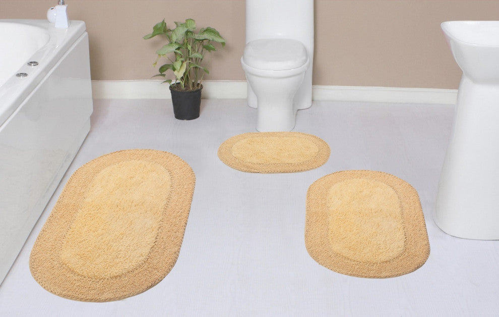 Double Ruffle Collection Bath Rug Set, 3-Piece Set With Runner, Butter